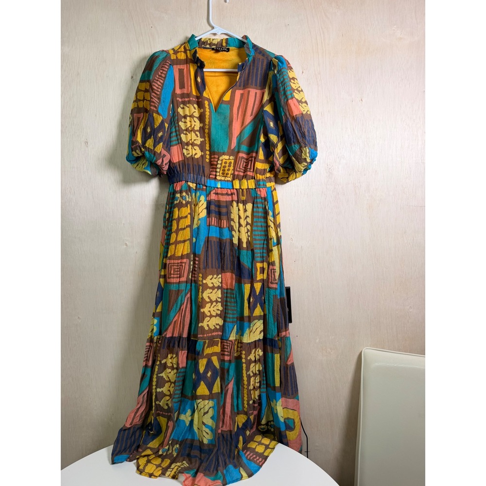 THML Maxi Dress Womens Small Multicolor Excellent Abstract Geometric Puff Sleeve